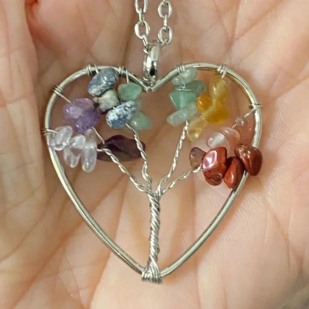 Rainbow Beaded Heart Tree of Life Handmade Stainless Steel Necklace NWT